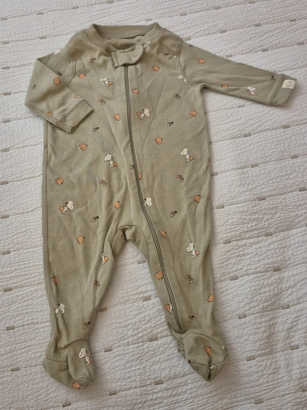 Little Snoopy Olive Green Zip-Up Kids Onesie
